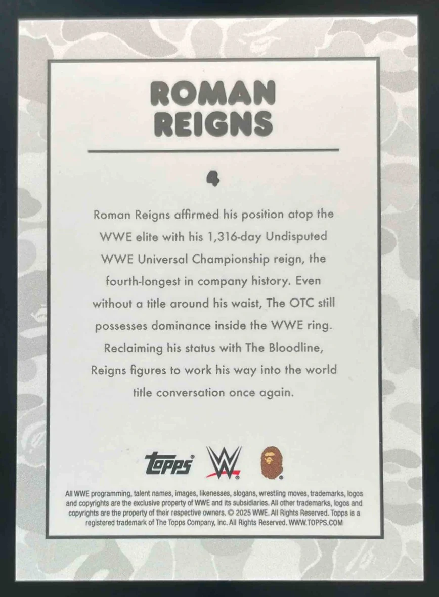 2025 Topps WWE x Bape Black And White Camo #4 Roman Reigns /50 - Image 2