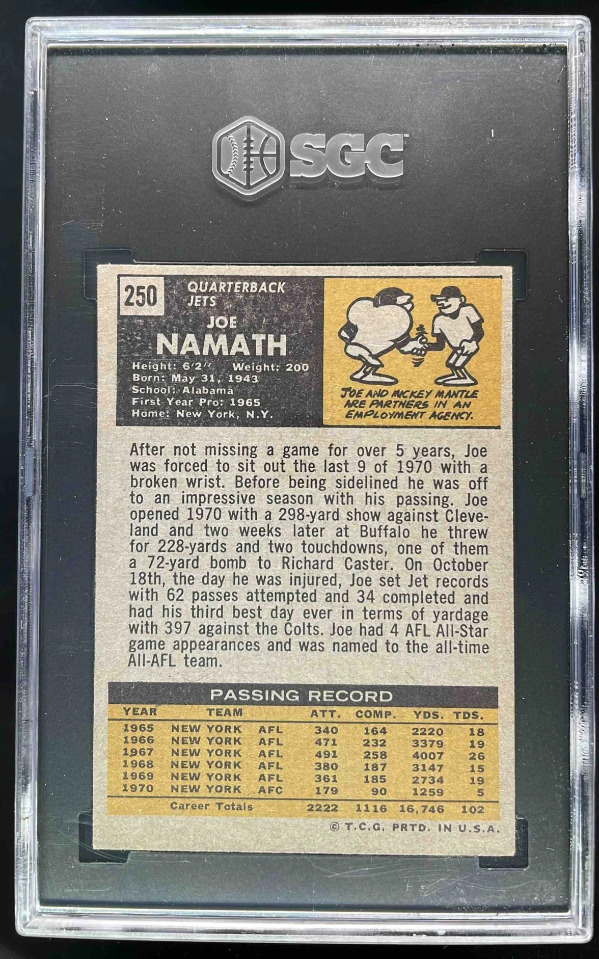 1971 Topps #250 Joe Namath SGC 4 - Image 2