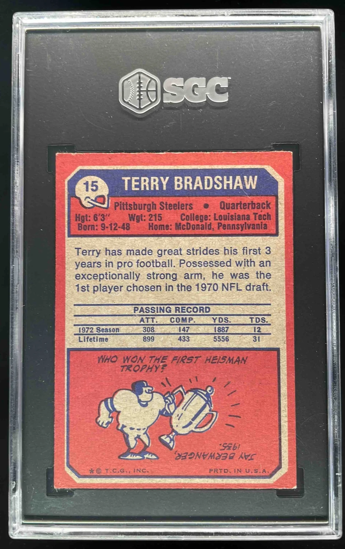 1973 Topps #15 Terry Bradshaw SGC 5 - Image 2