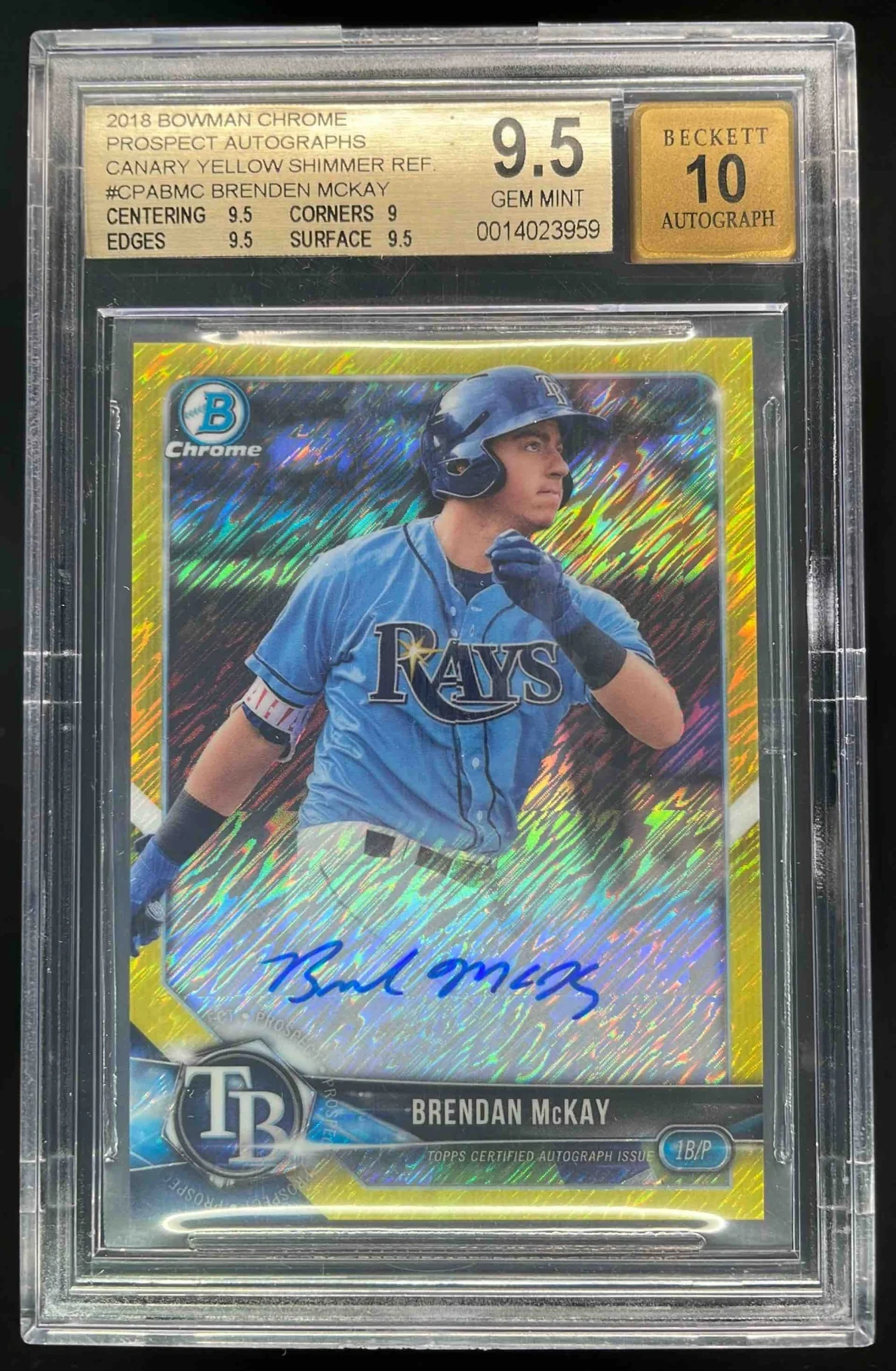 2018 Bowman Chrome Canary Yellow Shimmer Auto Brenden McKay /10 BGS 9.5