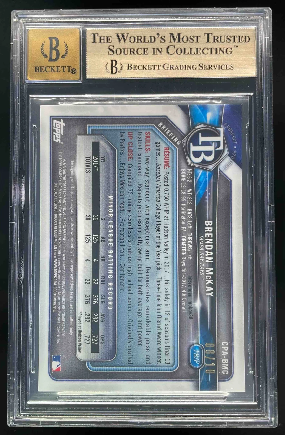 2018 Bowman Chrome Canary Yellow Shimmer Auto Brenden McKay /10 BGS 9.5 - Image 2