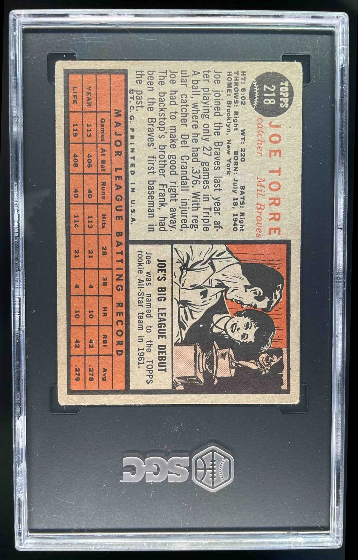 1962 Topps #218 Joe Torre RC SGC 3 - Image 2