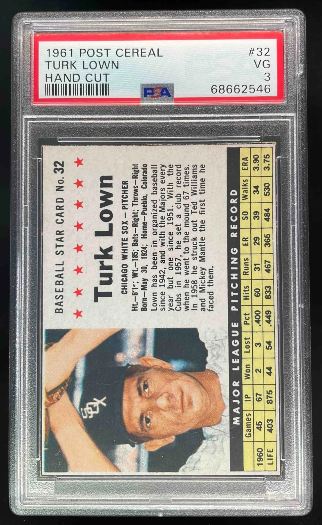 1961 Post Cereal Hand Cut #32 Turk Lown PSA 3