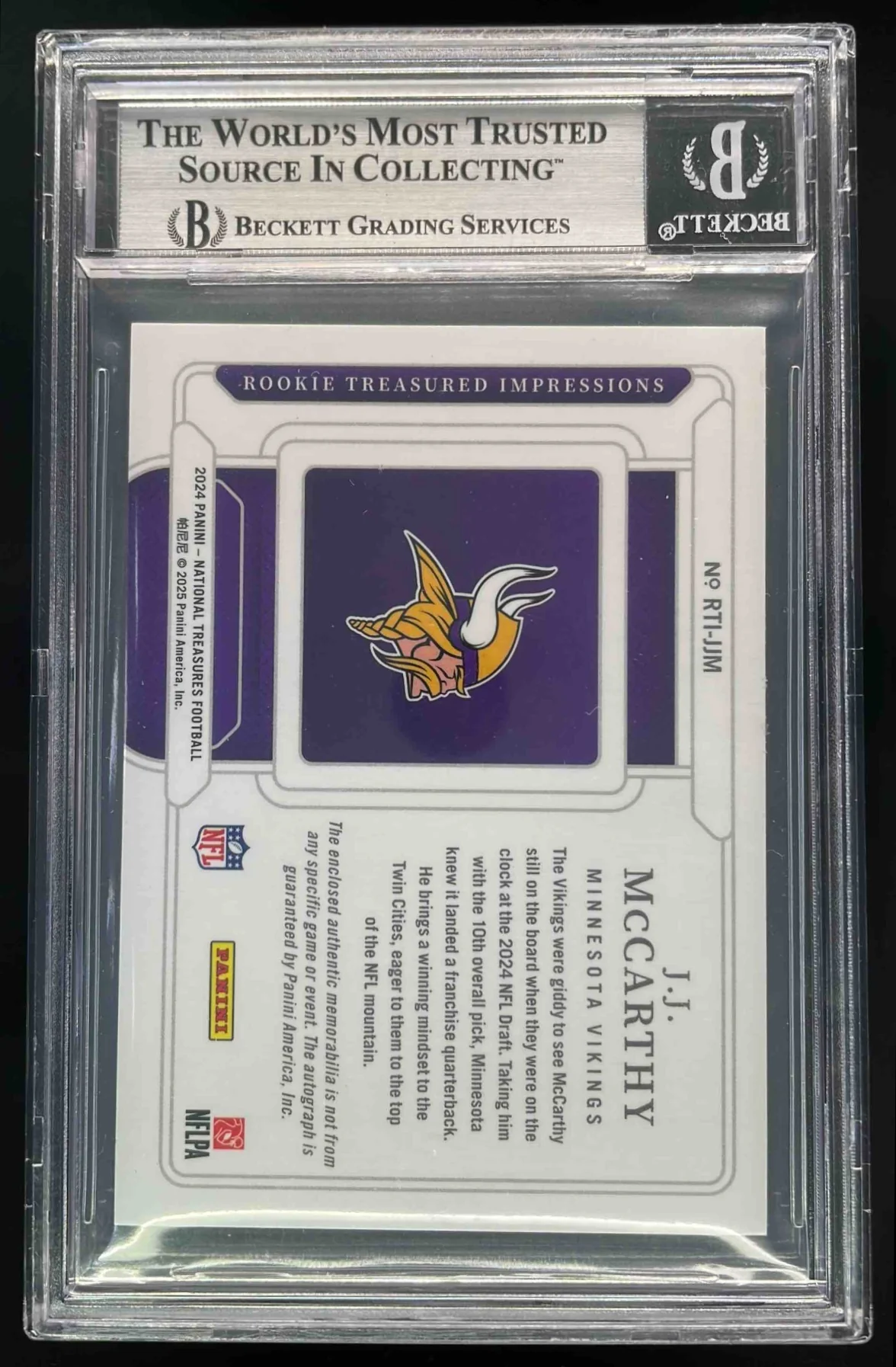 2024 National Treasures Treasured Impressions J.J. McCarthy RC Auto /99 BGS 9 - Image 2