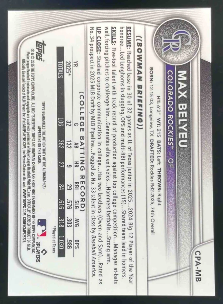 2025 Bowman Draft Chrome Prospect Autograph #CPA-MB Max Belyeu RC Auto - Image 2