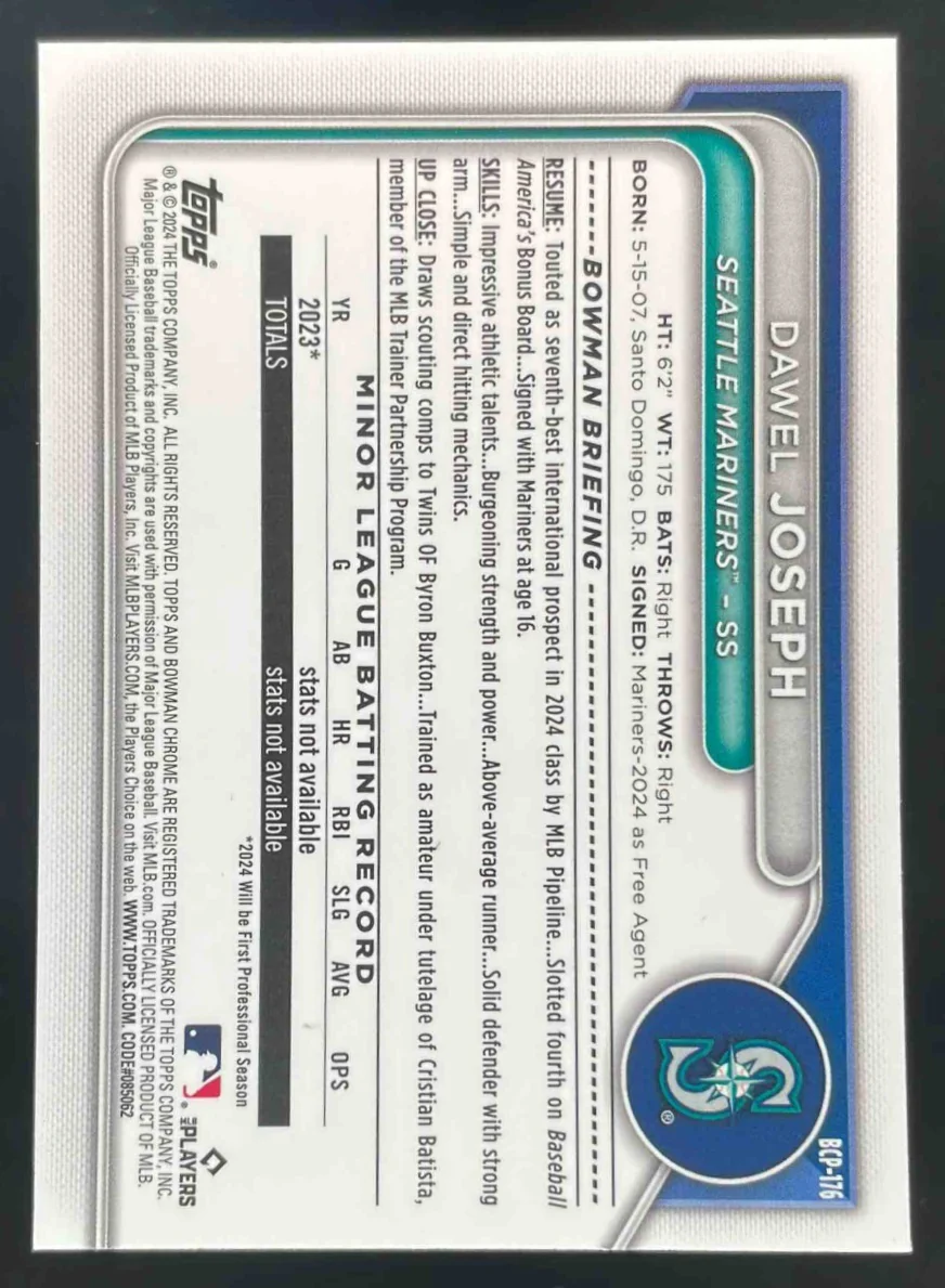 2024 Bowman Chrome Sapphire Prospects Yellow #BCP-176 Dawel Joseph /75 - Image 2