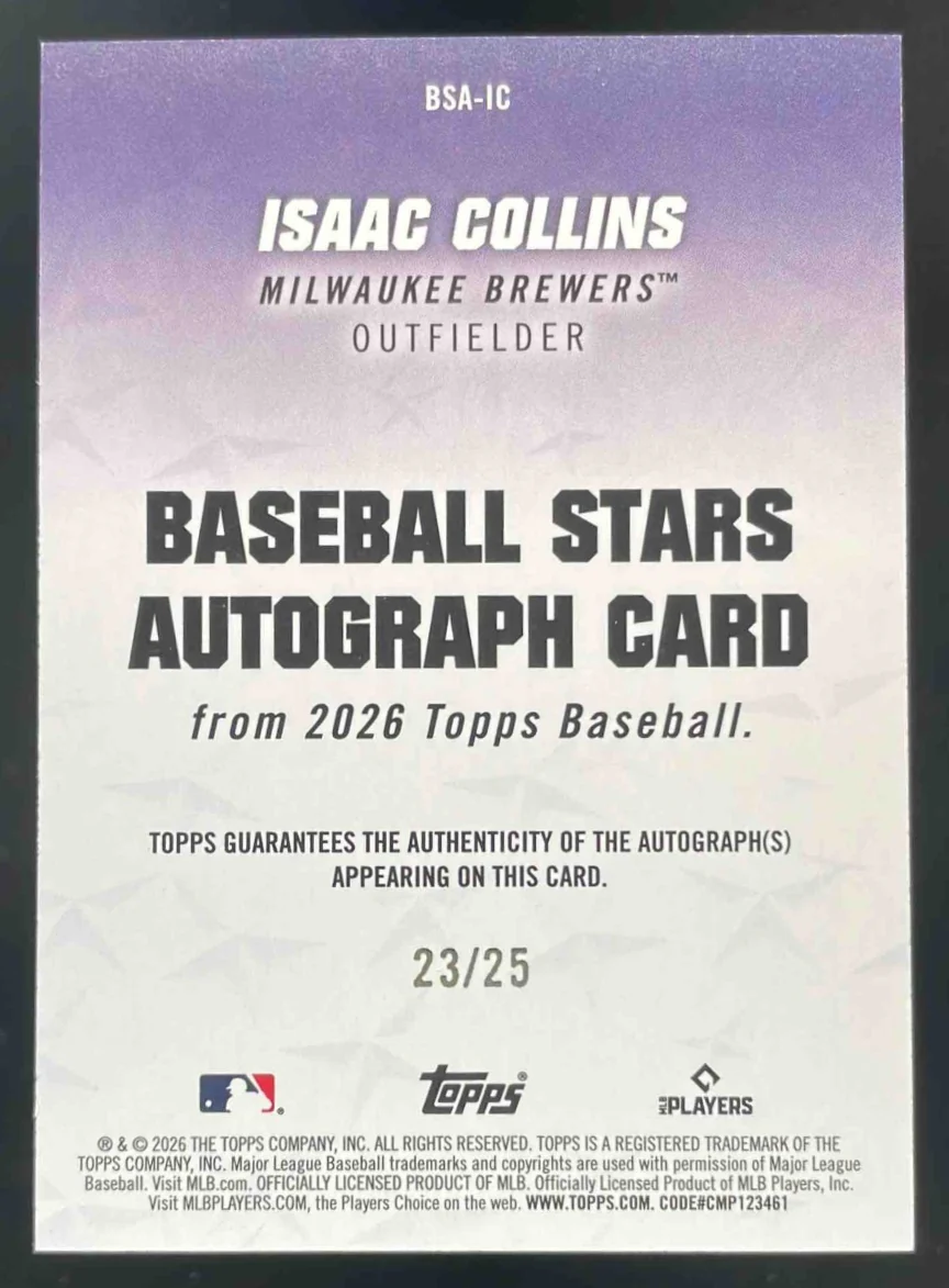 2026 Topps Baseball Stars Autograph Orange #BSA-IC Isaac Collins Auto /25 - Image 2