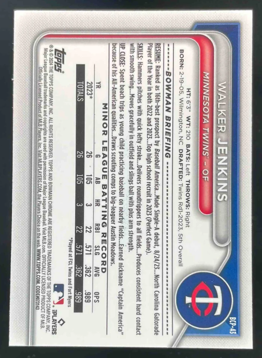 2024 Bowman Chrome Prospects Purple Refractors #BCP-43 Walker Jenkins RC /250 - Image 2
