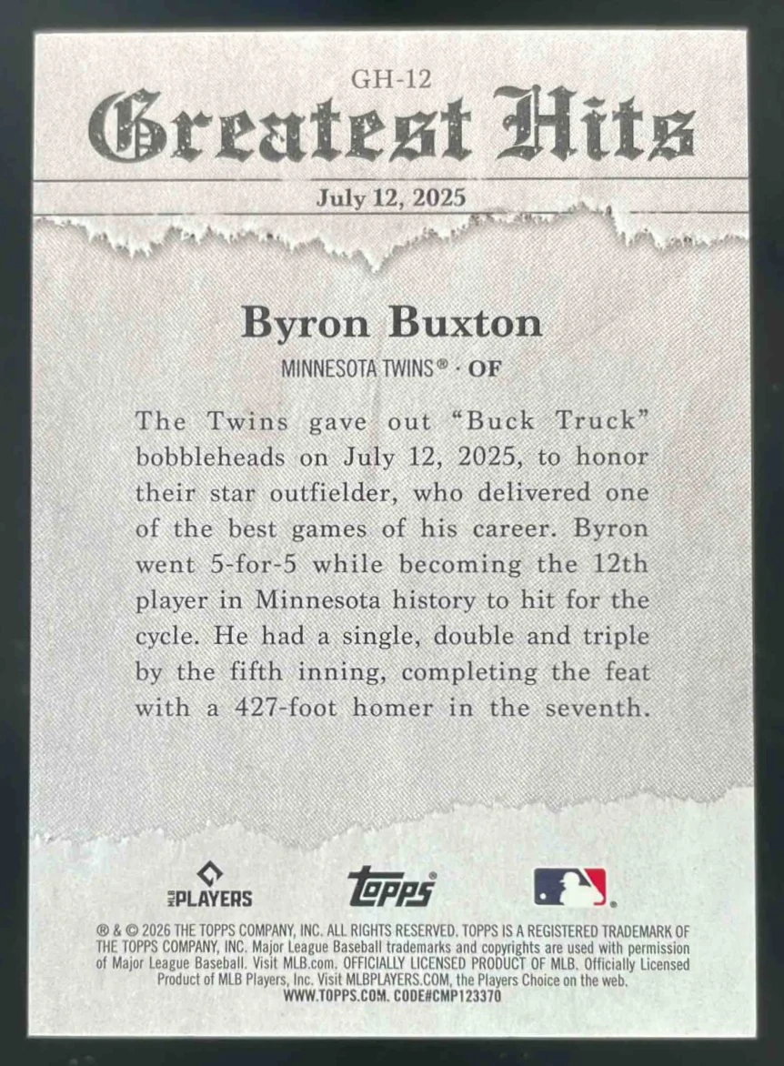 2026 Topps 2025 Greatest Hits Gold Foil #GH-12 Byron Buxton /50 - Image 2