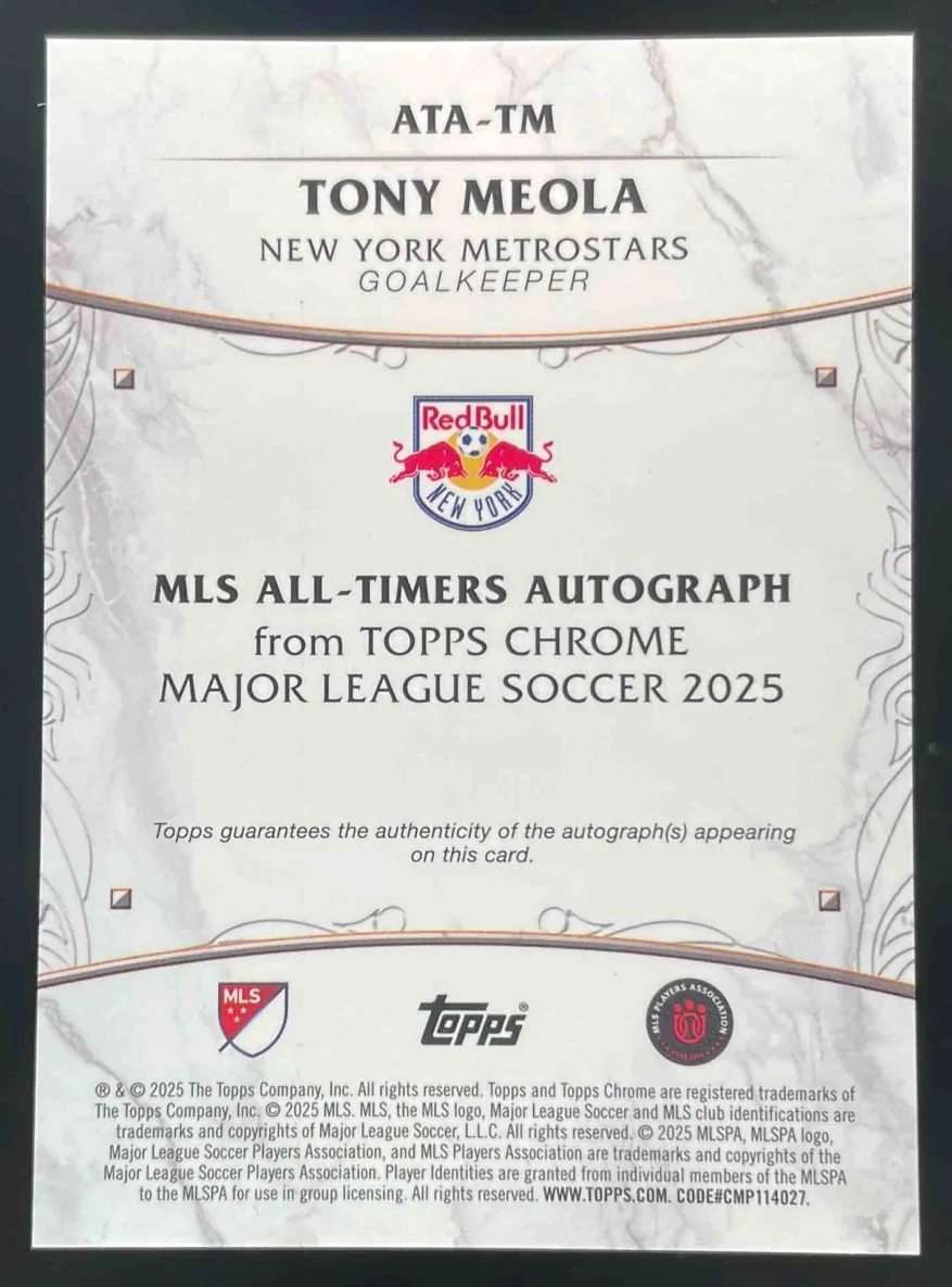 2025 Topps Chrome MLS All-Timers Black Speckle #ATA-TM Tony Meola Auto /10 - Image 2