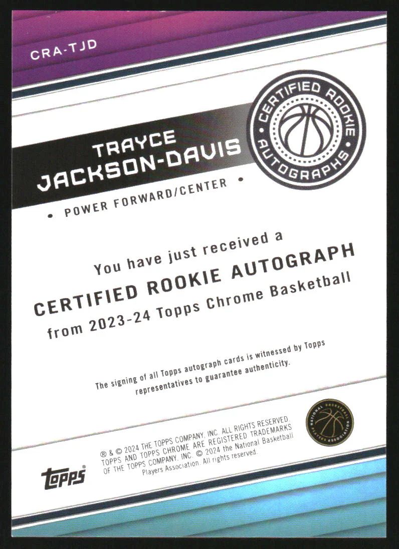 2023-24 Topps Chrome Rookie Autographs Gold Trayce Jackson-Davis RC Auto /50 - Image 2