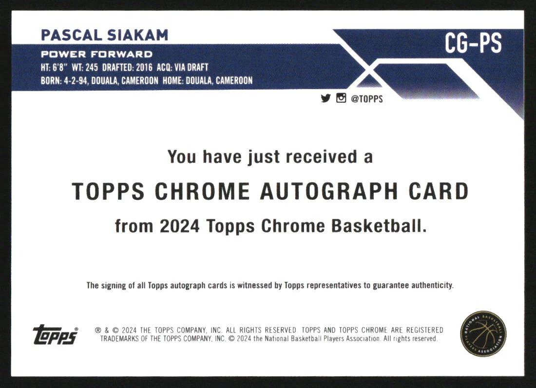 2023-24 Topps Chrome Autographs Gold Refractors #CGPS Pascal Siakam Auto /50 - Image 2