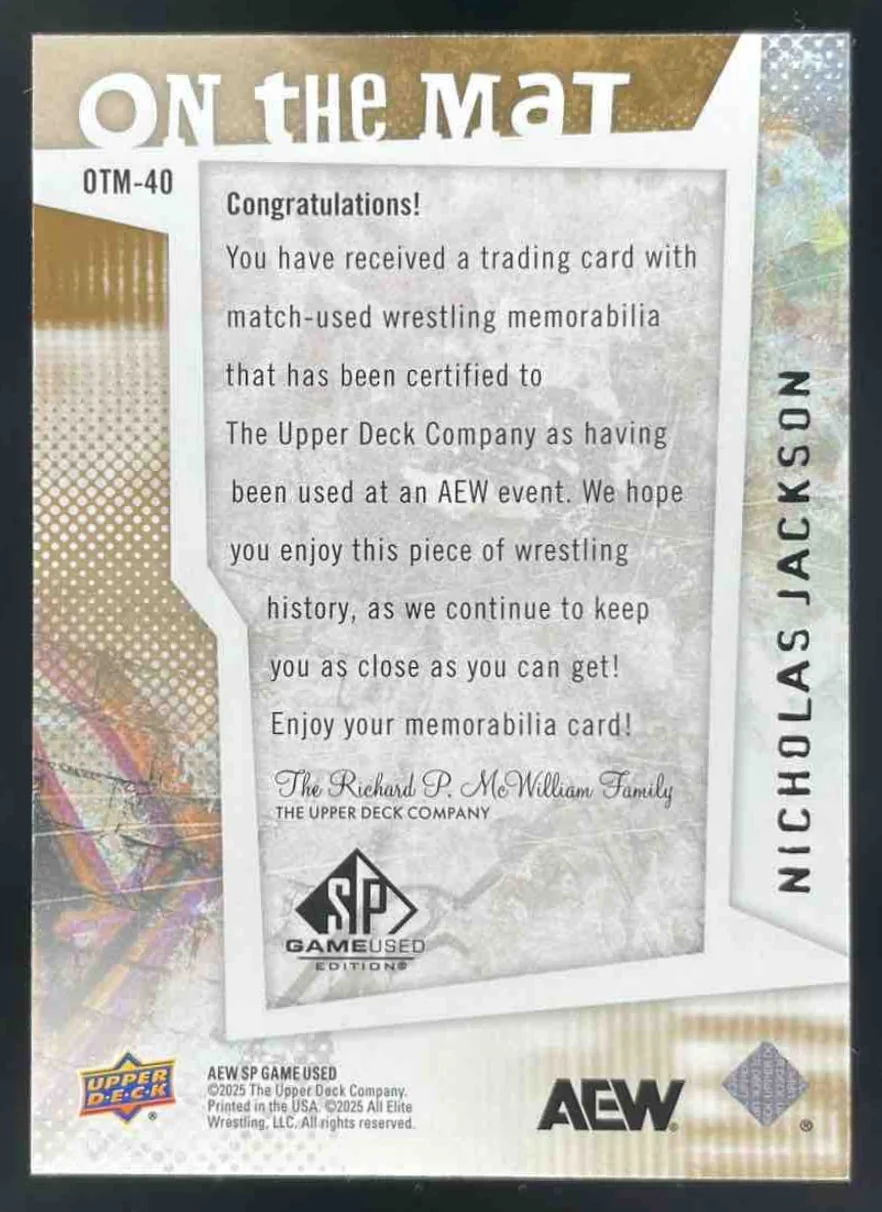 2025 Upper Deck SP Game Used AEW On The Mat Relics #OTM-40 Nicholas Jackson /50 - Image 2