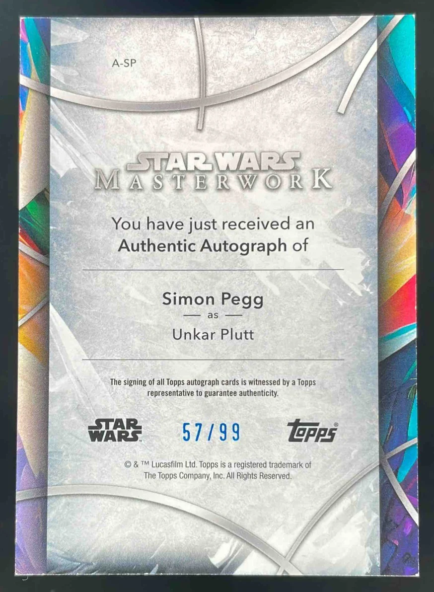 2024 Topps Star Wars Masterwork Blue Foil Simon Pegg as Unkar Plutt Auto /99 - Image 2
