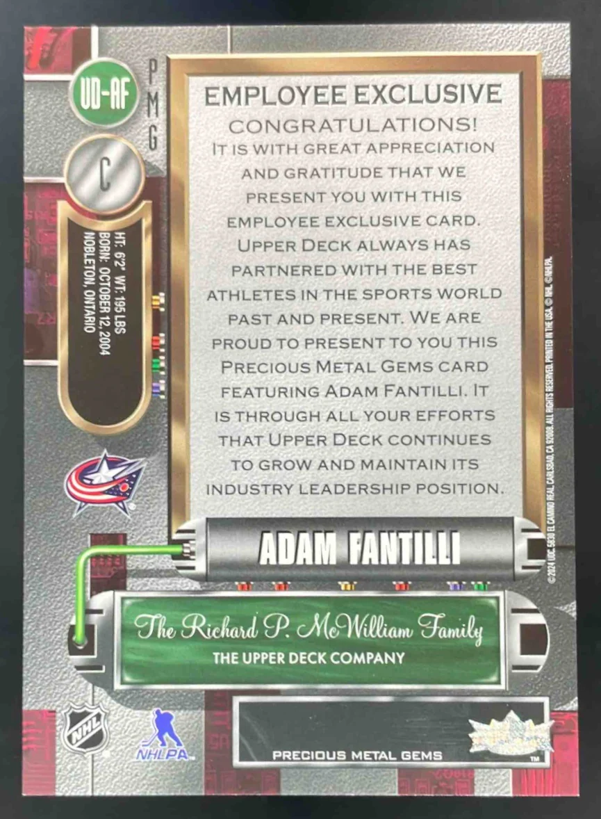 2024 Metal Universe Pink Precious Metal Gems Employee Exclusive Adam Fantilli - Image 2