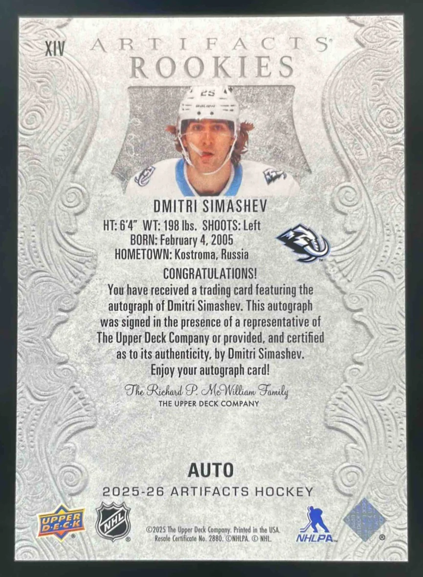 2025-26 Upper Deck Artifacts Rookies Auto #XIV Dmitri Simashev RC Auto - Image 2