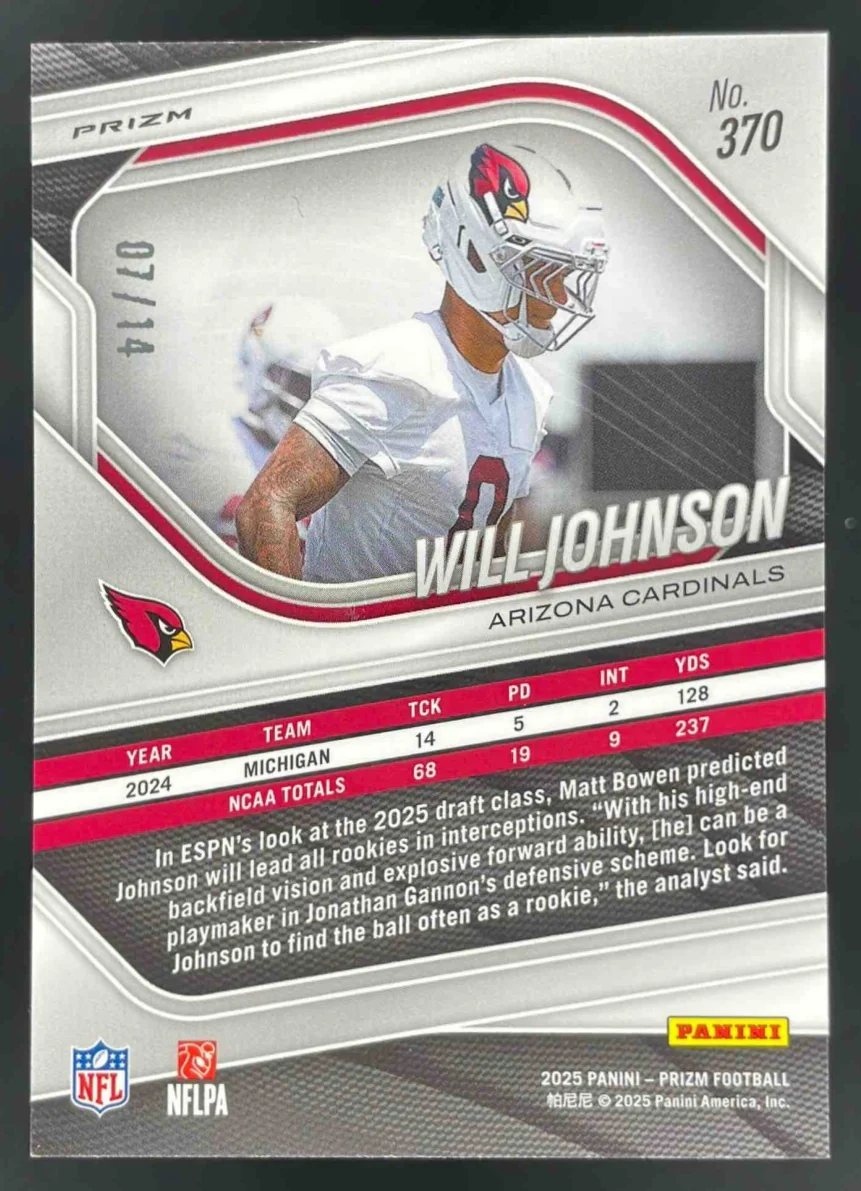 2025 Panini Prizm Choice Blue Prizm #370 Will Johnson RC /14 - Image 2