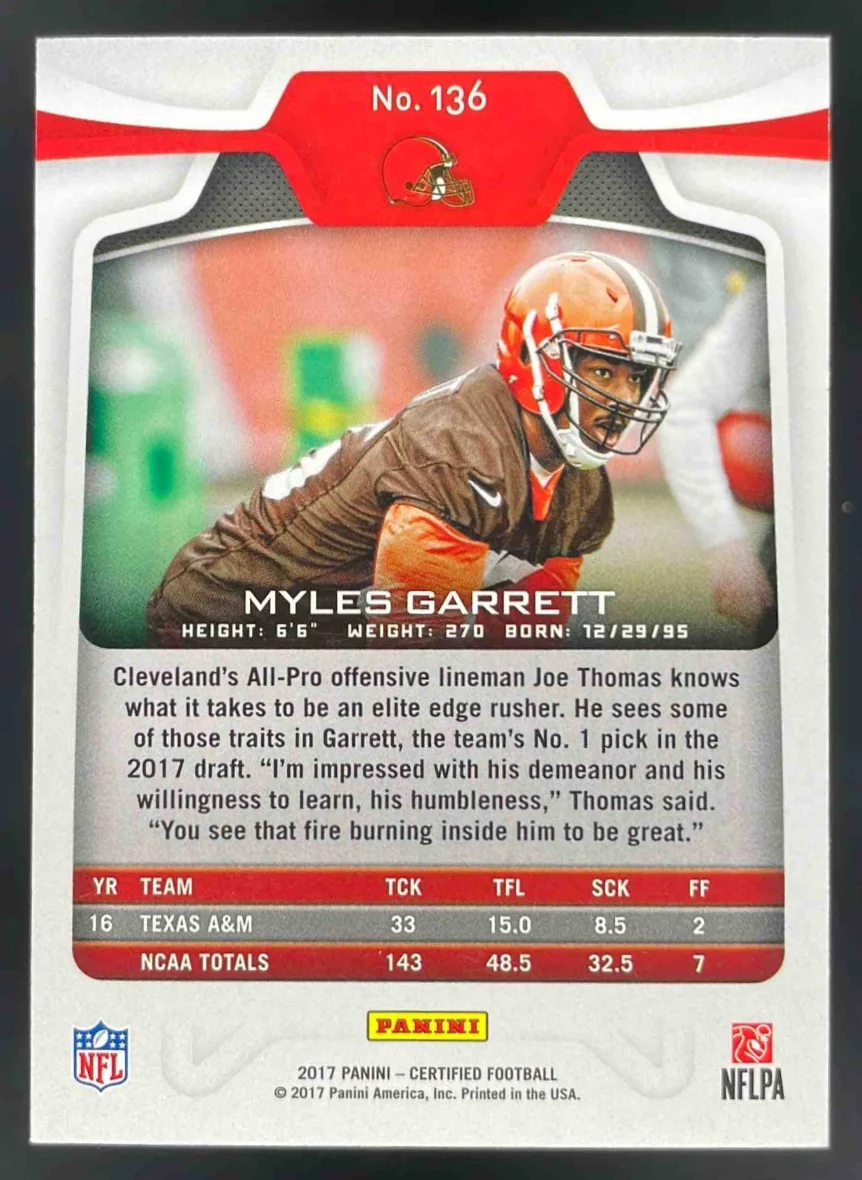 2017 Panini Certified #136 Myles Garrett RC /999 - Image 2