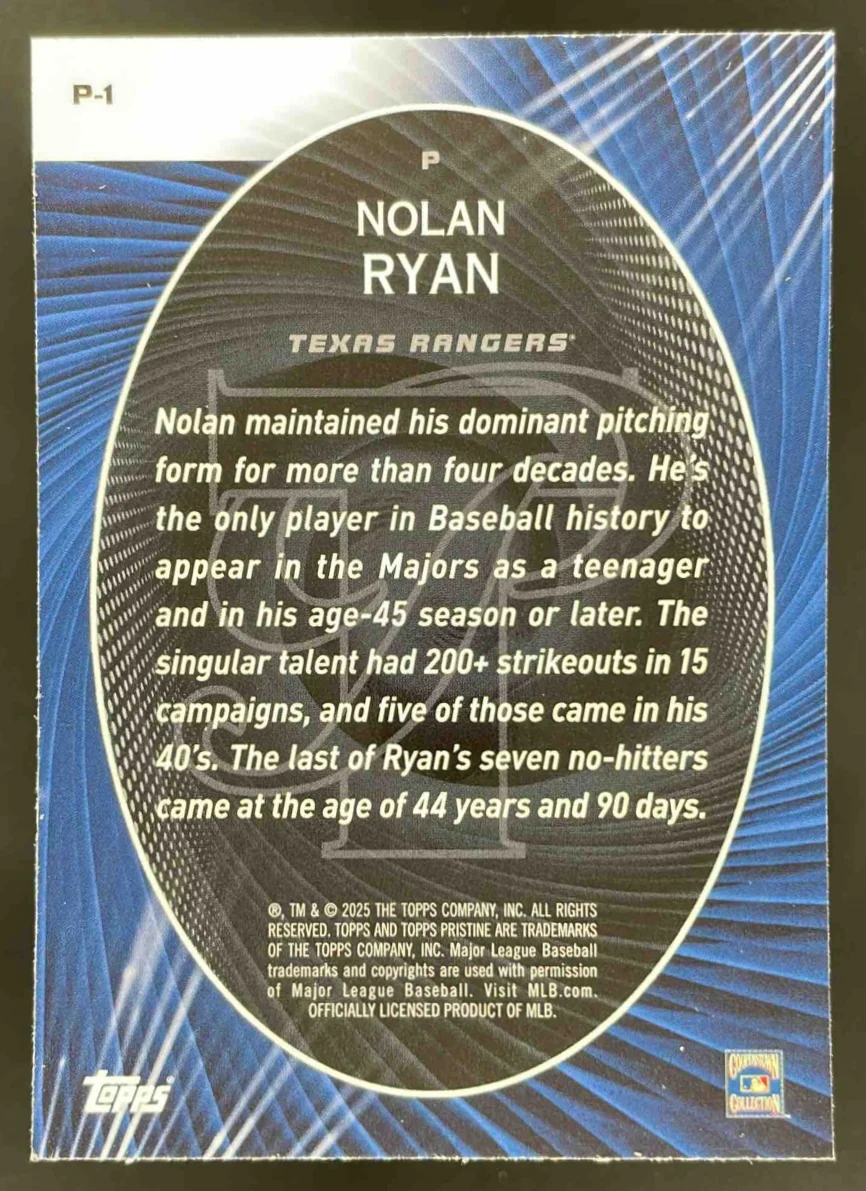 2025 Topps Pristine Perseverance Blue Refractor #P-1 Nolan Ryan /75 - Image 2