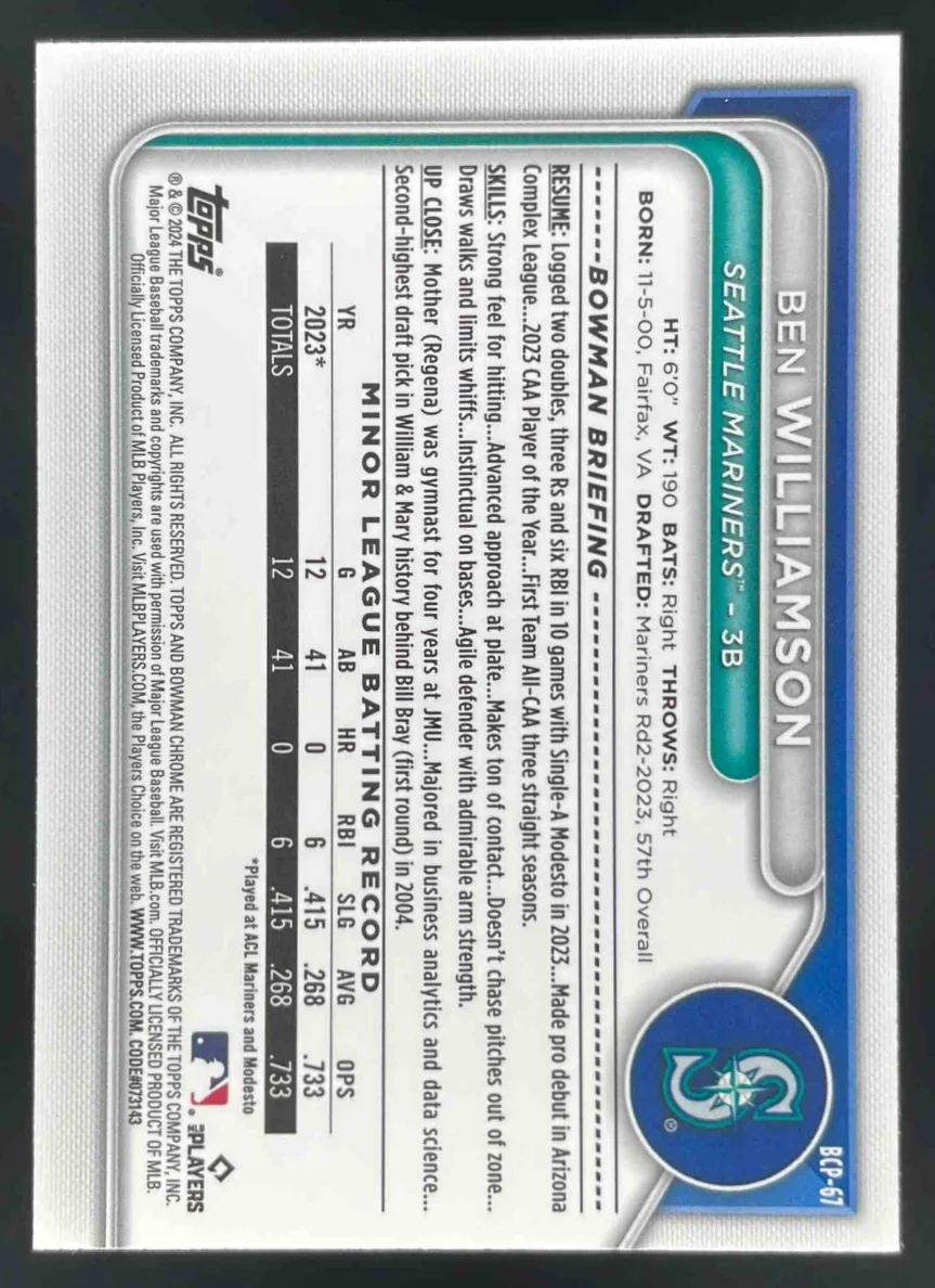 2024 Bowman Sapphire Chrome Yellow Sapphire #BCP-67 Ben Williamson RC /75 - Image 2