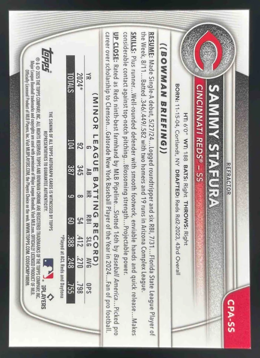 2025 Bowman Chrome Autographs Refractor #CPA-SS Sammy Stafura RC Auto /499 - Image 2