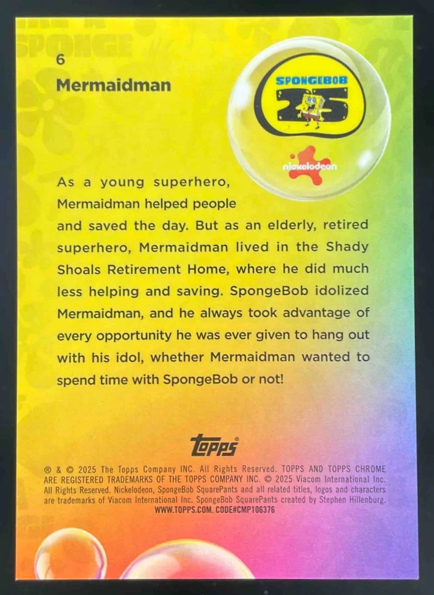 2025 Topps Chrome SpongeBob SquarePants Sapphire Black Refractor Mermaidman /10 - Image 2