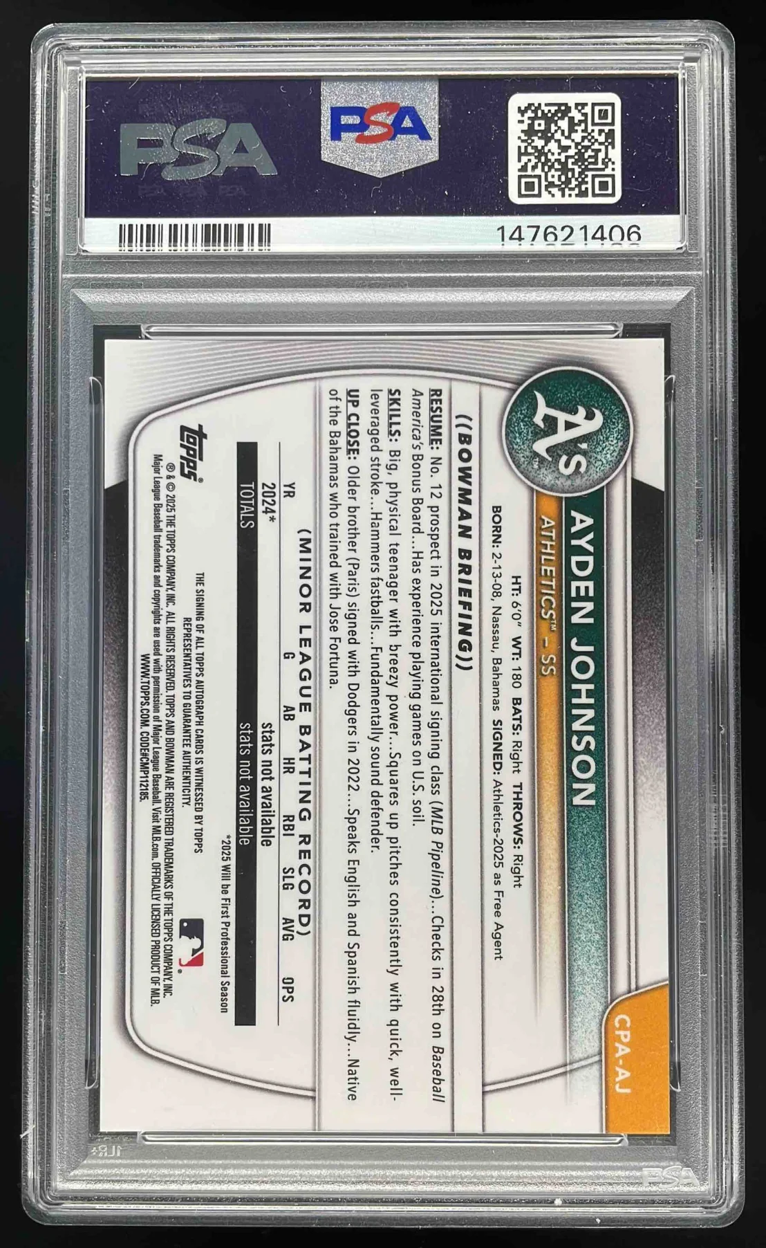 2025 Bowman Chrome Orange Shimmer Refractor #AJ Ayden Johnson RC Auto /25 PSA 10 - Image 2