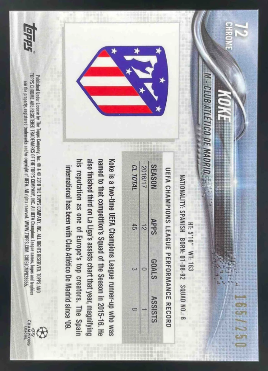 2017 Topps Chrome UEFA Champions League Purple Refractor #72 Koke /250 - Image 2