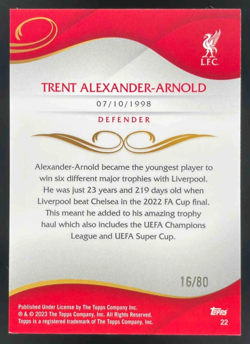 2022 Topps Liverpool Lineage Pink #22 Trent Alexander-Arnold /80 - Image 2
