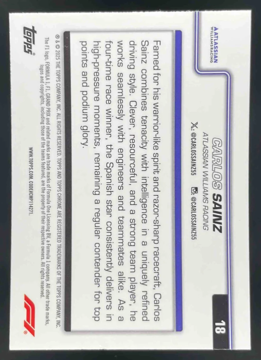 2025 Topps Chrome Formula 1 Green RayWave Refractor Carlos Sainz F1 Driver /140 - Image 2