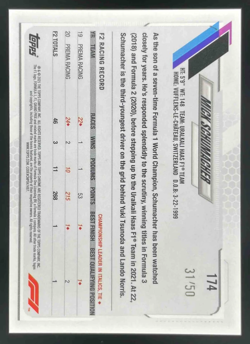 2021 Topps Chrome Formula 1 Gold Refractor #174 Mick Schumacher RC /50 - Image 2