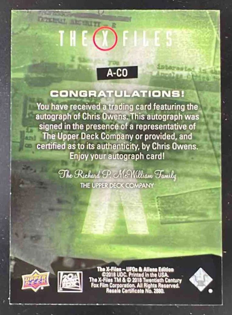 2018 Upper Deck The X Files Paranormal Script Auto Chris Owens Jeffrey Spender - Image 2