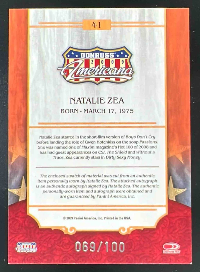 2009 Panini Americana Stars Memorabilia Auto Natalie Zea /100 - Image 2