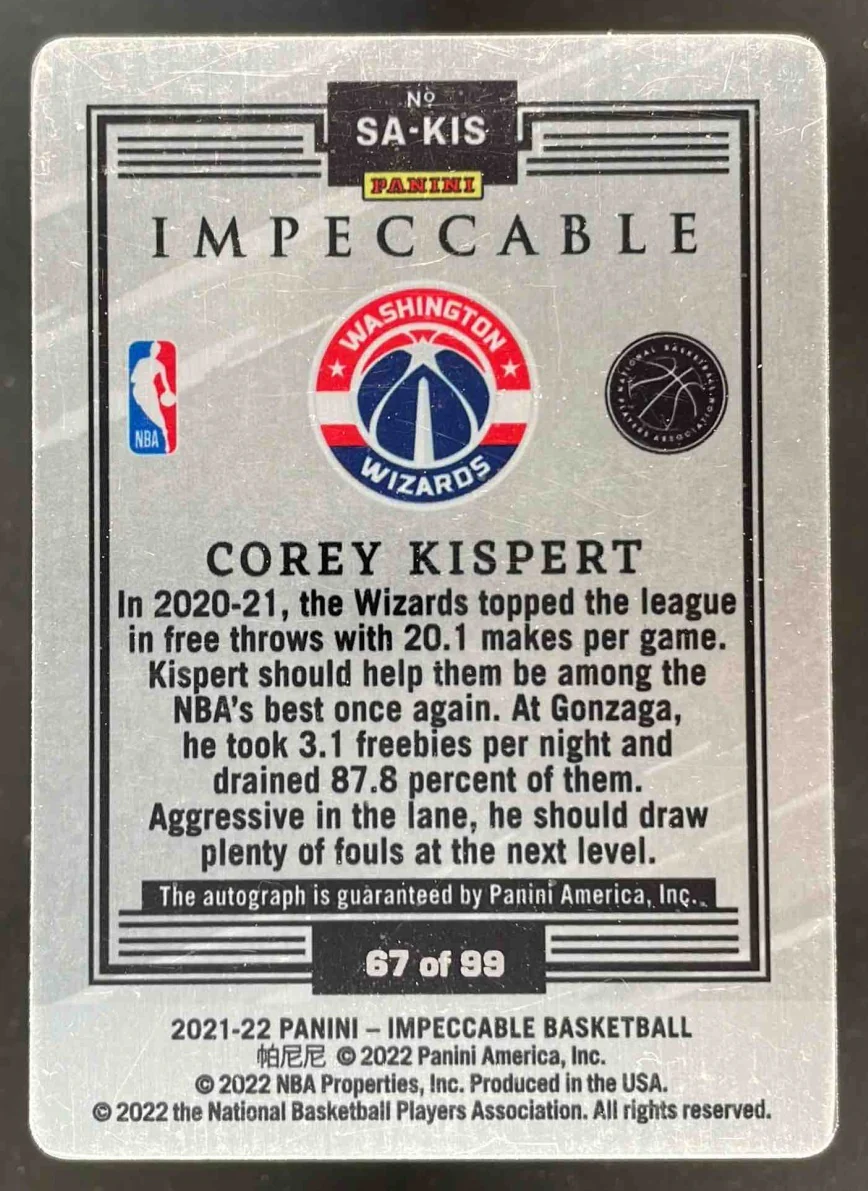 2021-22 Impeccable Stainless Stars Autographs #SA-KIS Corey Kispert RC Auto /99 - Image 2
