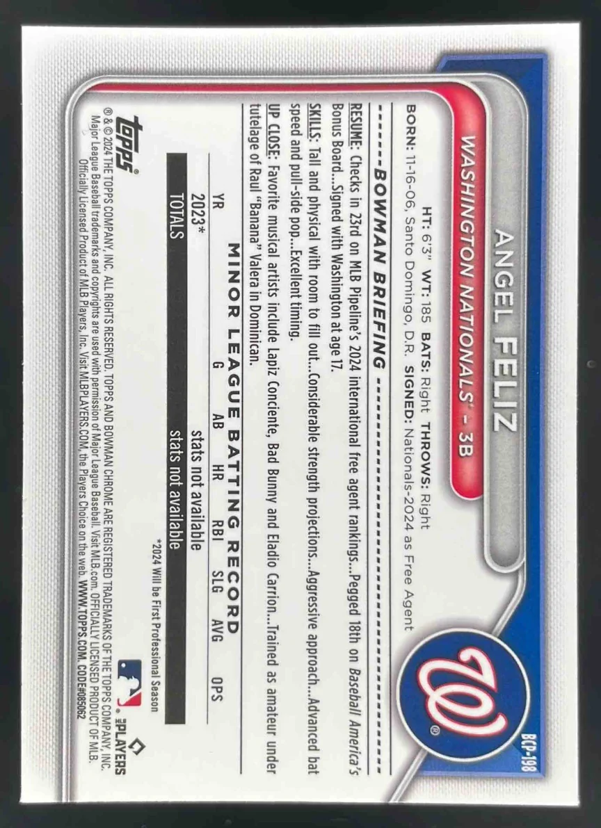 2024 Bowman Chrome Sapphire Prospects Orange #BCP-198 Angel Feliz /25 - Image 2
