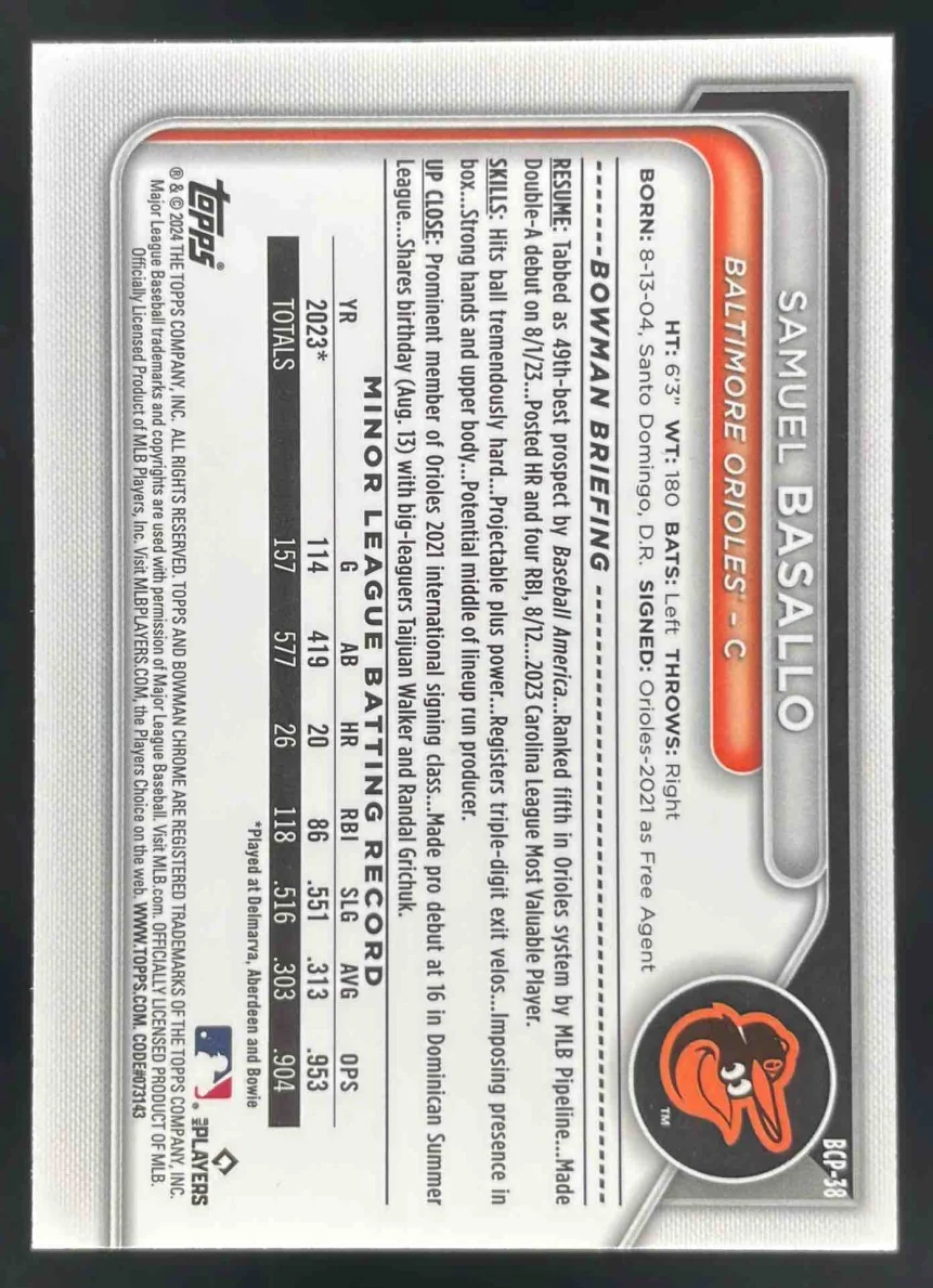 2024 Bowman Sapphire Chrome Yellow Sapphire #BCP-38 Samuel Basallo /75 - Image 2