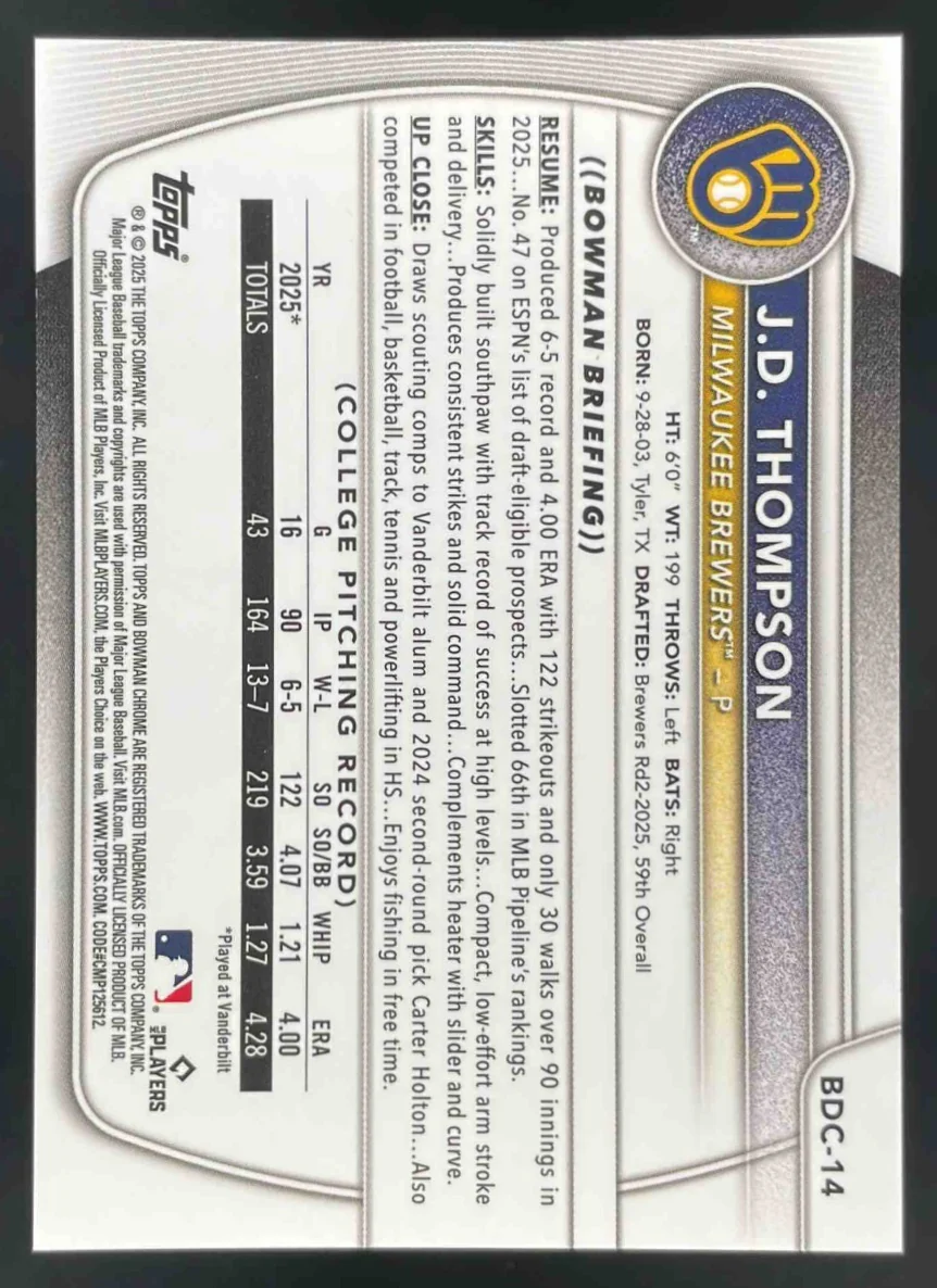 2025 Bowman Draft Chrome Orange Geometric Refractor #BDC-14 J.D. Thompson RC /25 - Image 2