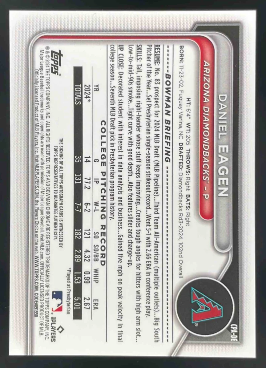 2024 Bowman Draft Chrome Prospect Autographs #CPA-DE Daniel Eagen RC Auto - Image 2