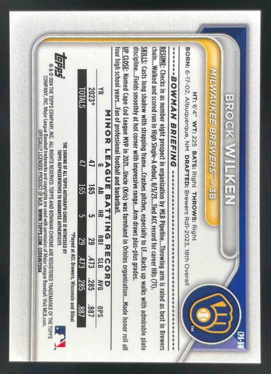 2024 Bowman Chrome Prospect Autographs #CPA-BW Brock Wilken RC Auto - Image 2
