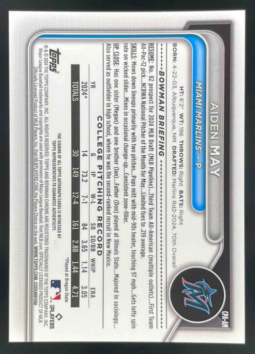 2024 Bowman Draft Chrome Blue Wave Refractor #CPA-AM Aiden May RC Auto /150 - Image 2