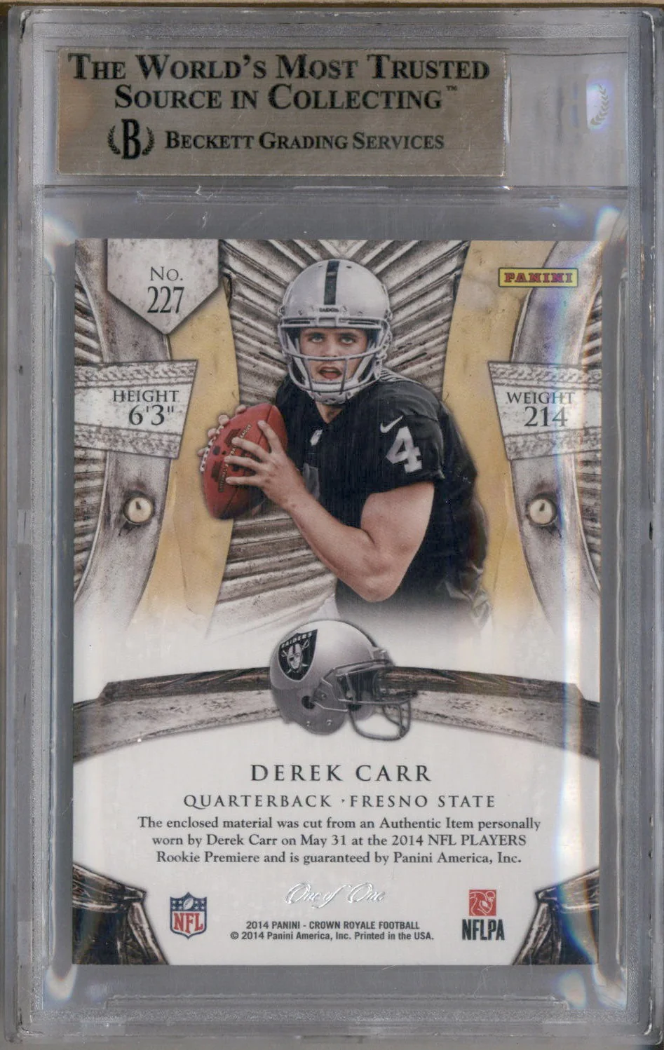 2014 Crown Royale Rookie Silhouettes Black #227 Derek Carr RC 1/1 BGS 9.5 - Image 2