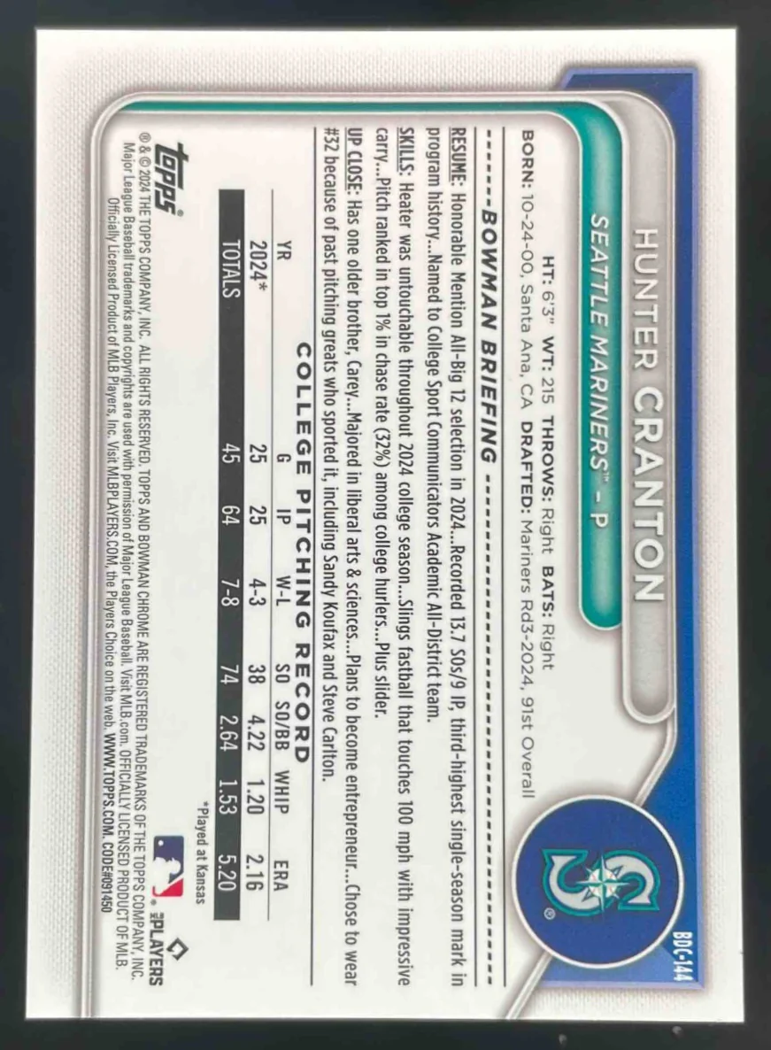 2024 Bowman Draft Sapphire Chrome Orange Sapphire #BDC-144 Hunter Cranton RC /25 - Image 2