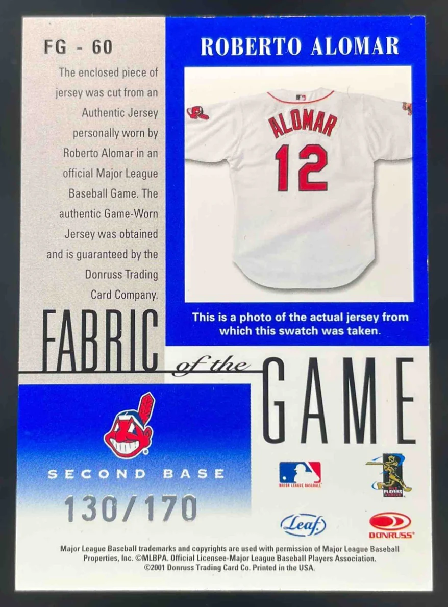 2001 Leaf Certified Materials Fabric of the Game #FG-60 Roberto Alomar /170 - Image 2