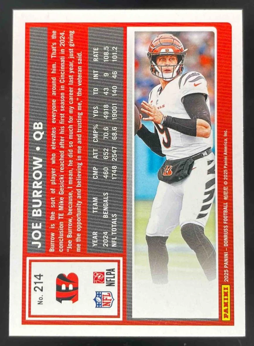 2025 Panini Donruss Season Stat Line #214 Joe Burrow /43 - Image 2