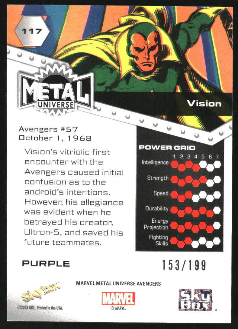 2024 SkyBox Marvel Metal Universe Avengers Purple FX #117 Vision /199 - Image 2