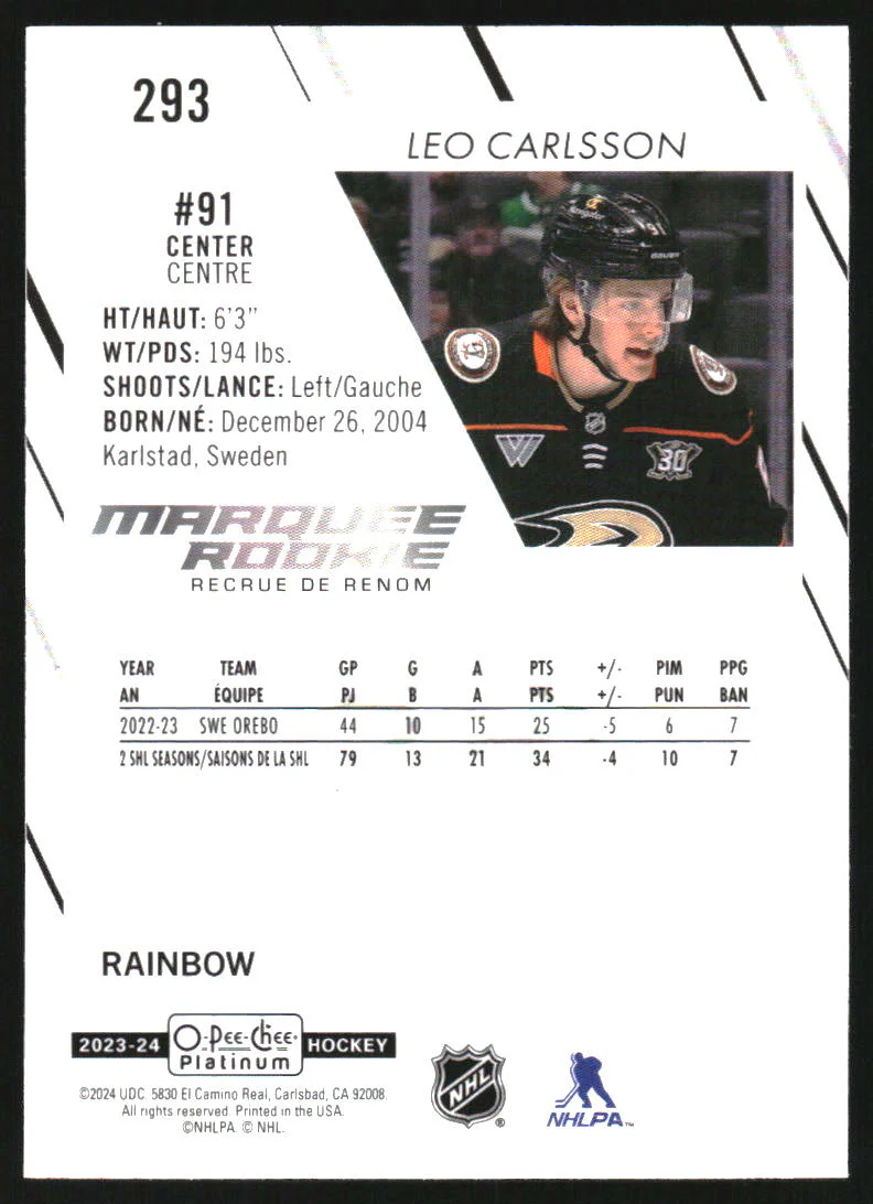 2023-24 O-Pee-Chee Platinum Rainbow #293 Leo Carlsson RC Rookie - Image 2