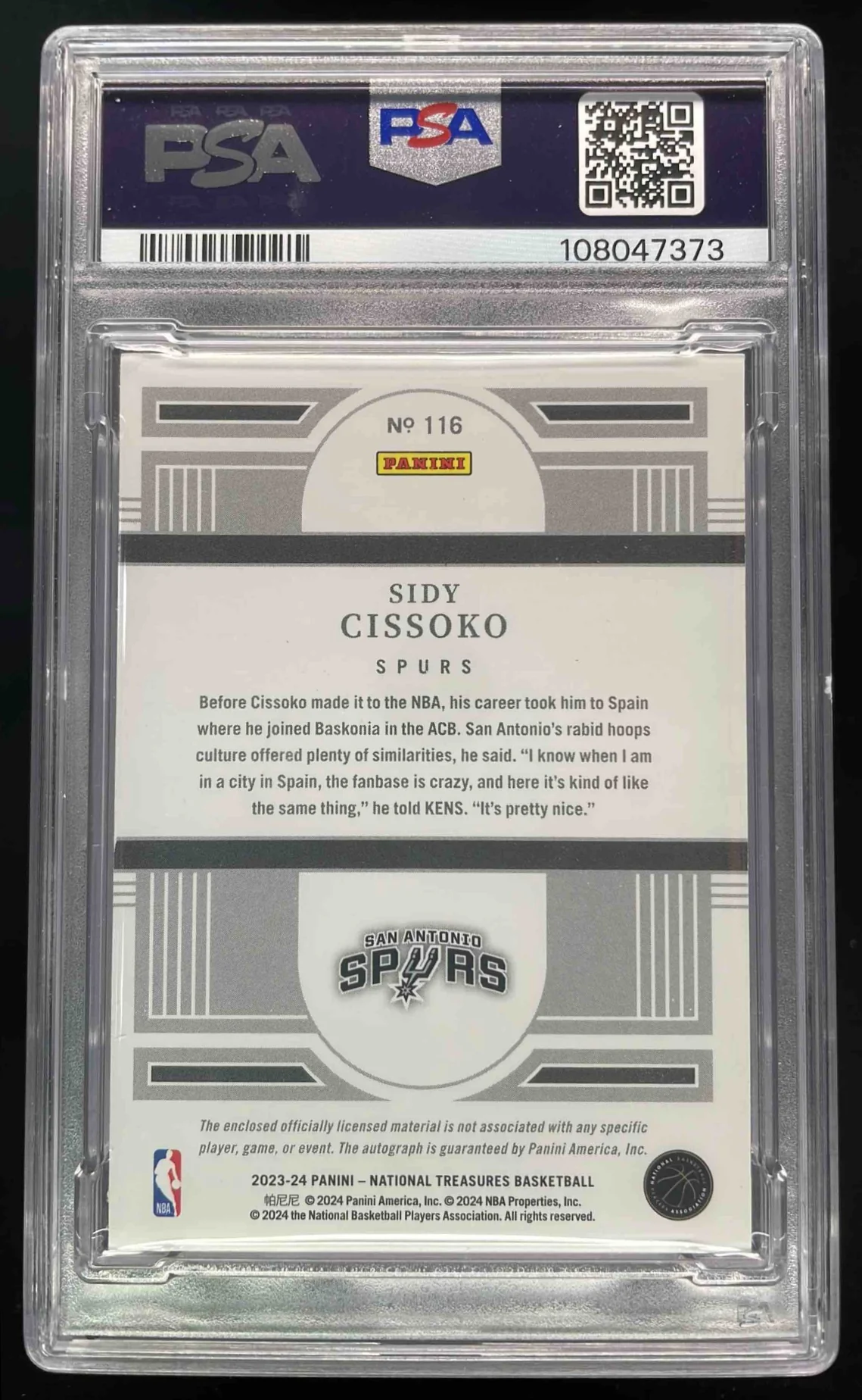2023-24 National Treasures Rookie Patch Logoman #116 Sidy Cissoko Auto 1/1 PSA 6 - Image 2