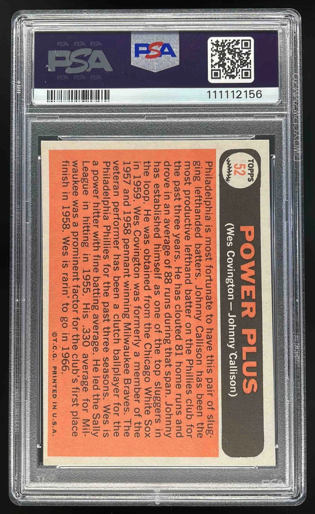 1966 Topps #52 Power Plus Wes Covington Johnny Callison C PSA 8 - Image 2