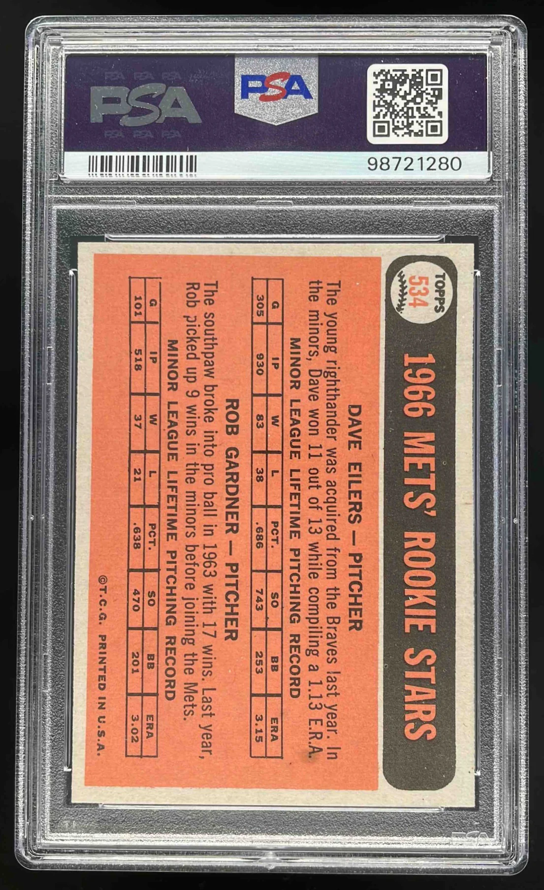 1966 Topps #534 Mets 1966 Rookie Stars Dave Eilers Rob Gardner RC PSA 8 - Image 2