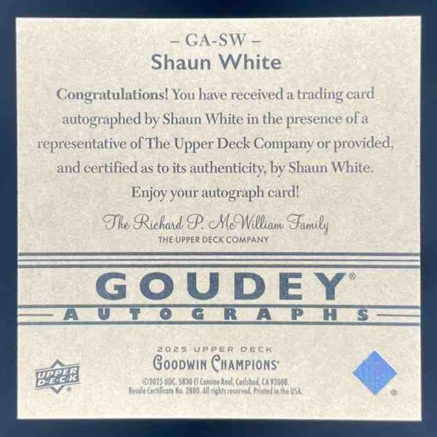2025 Upper Deck Goodwin Champions Goudey Autographs #GA-SW Shaun White Auto - Image 2